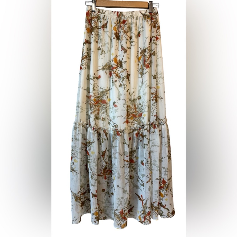 Bobeau Women's Floral Print Maxi Skirt Cream & Orange | Size S Elastic Waist